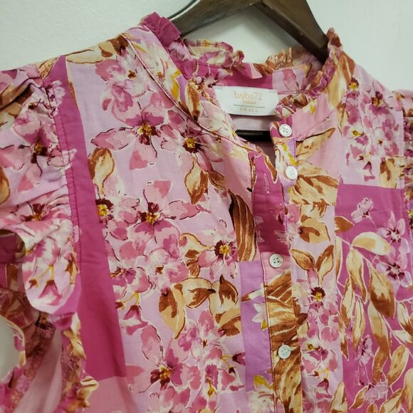 Boho 72 Boutique Womens Floral Patchwork Print Top Size S Pink Ruffle Gypsy - Picture 2 of 11